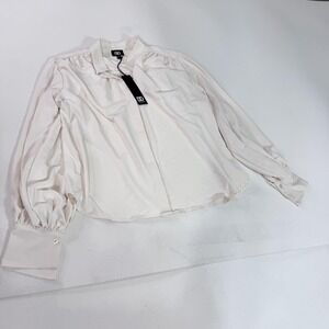 Dee Ocleppo Blouse Womens XL White Jane Button Front Balloon Sleeve Collared Top